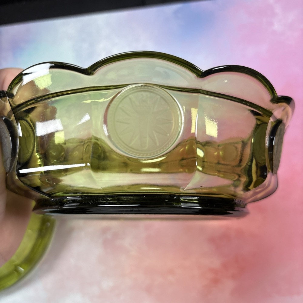 OLIVE FOSTORIA COIN GLASS CANDY DISH WITH LID 6 1/4" X 2" - Picture 3 of 9